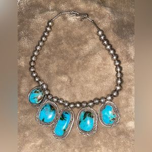 Native American Silver Bead Necklace with Turquoise 14in length